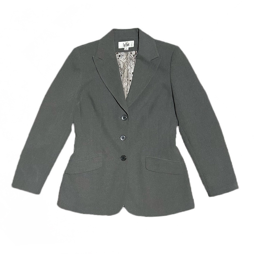 Le Suit Women's Grey Single Breasted Blazer Slim Fit Full Lined Shoulder Pads 6
